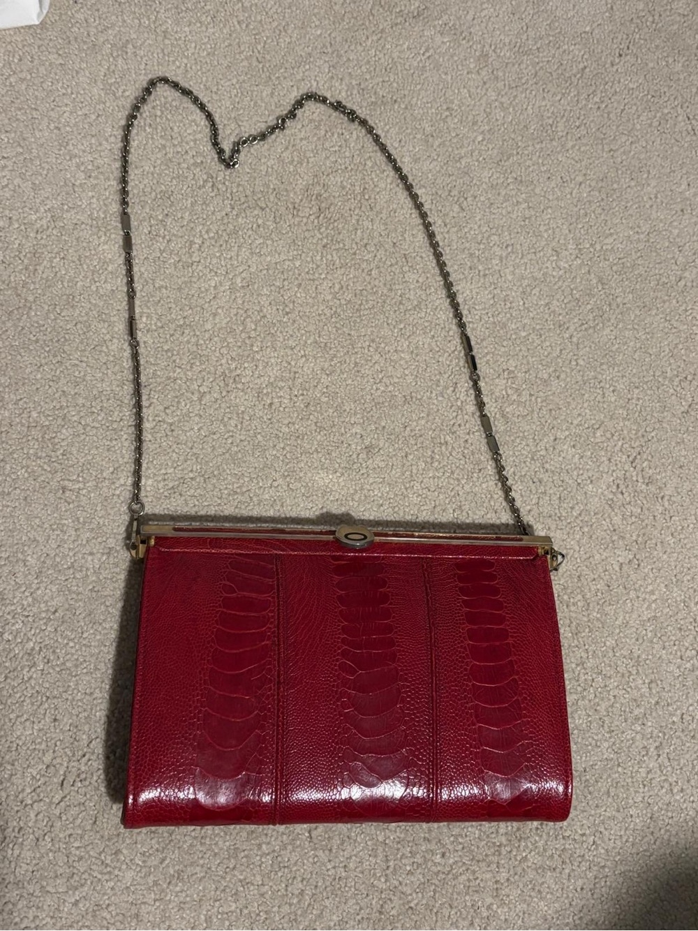 Red Textured Leather Crossbody Bag with Chain Strap